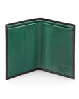 Bifold leather wallet with 6 credit cards, black with green, open