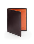 Bifold leather wallet with 6 credit cards, brown with orange, front