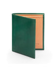 Bifold leather wallet with 6 credit cards, green with ivory, front