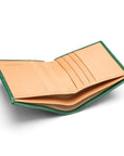 Bifold leather wallet with 6 credit cards, green with ivory, inside