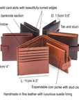 Leather wallet with coin purse, ID and tab closure, features and dimensions