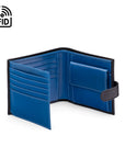 Leather RFID wallet with coin purse, ID and tab closure, black with cobalt, open