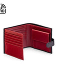 Leather RFID wallet with coin purse, ID and tab closure, black with red, open