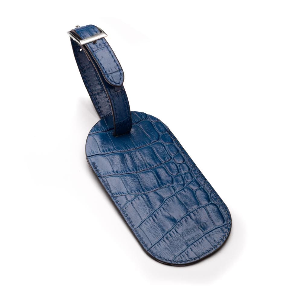 Leather luggage tag, cobalt croc, back