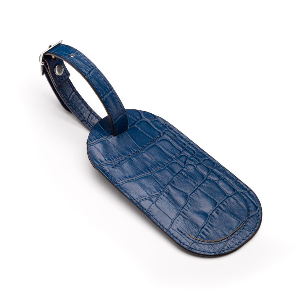 Leather luggage tag, cobalt croc, front