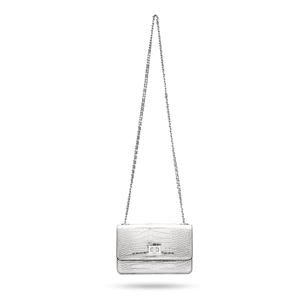 Mini chain bag, silver croc, long chain strap