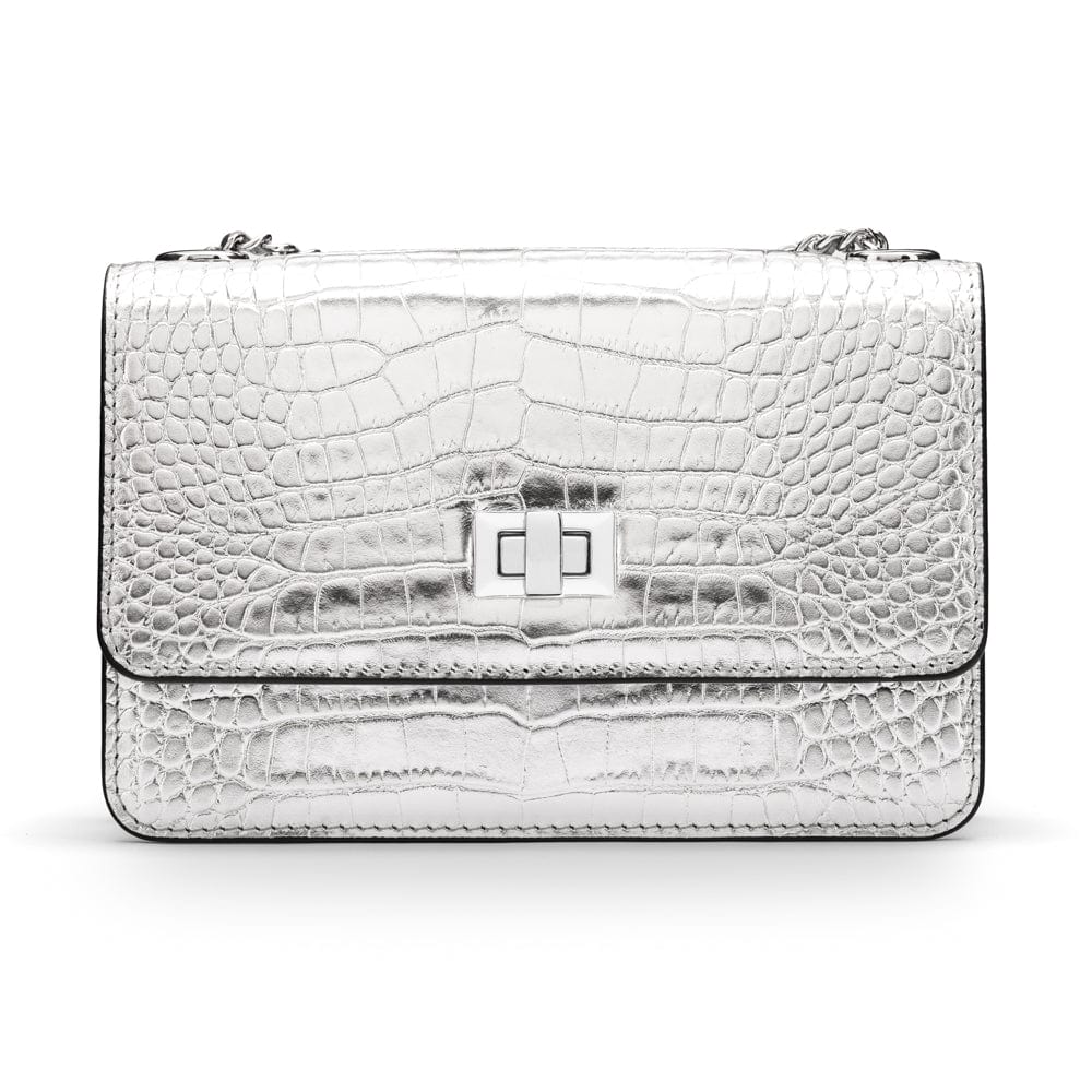 Mini chain bag, silver croc, front view