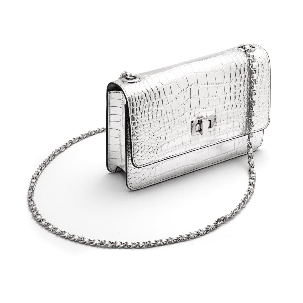 Mini chain bag, silver croc, side view