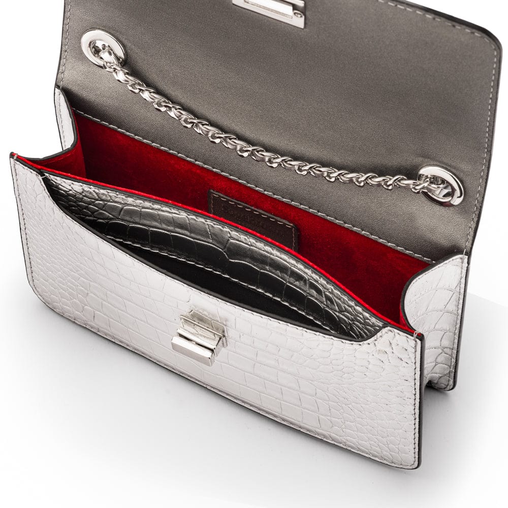 Mini chain bag, silver croc, inside