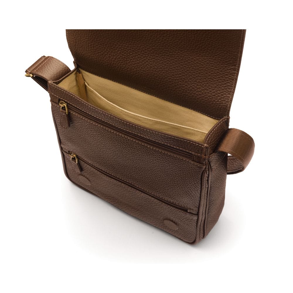 A4 portrait medium leather messenger bag, brown pebble grain. inside