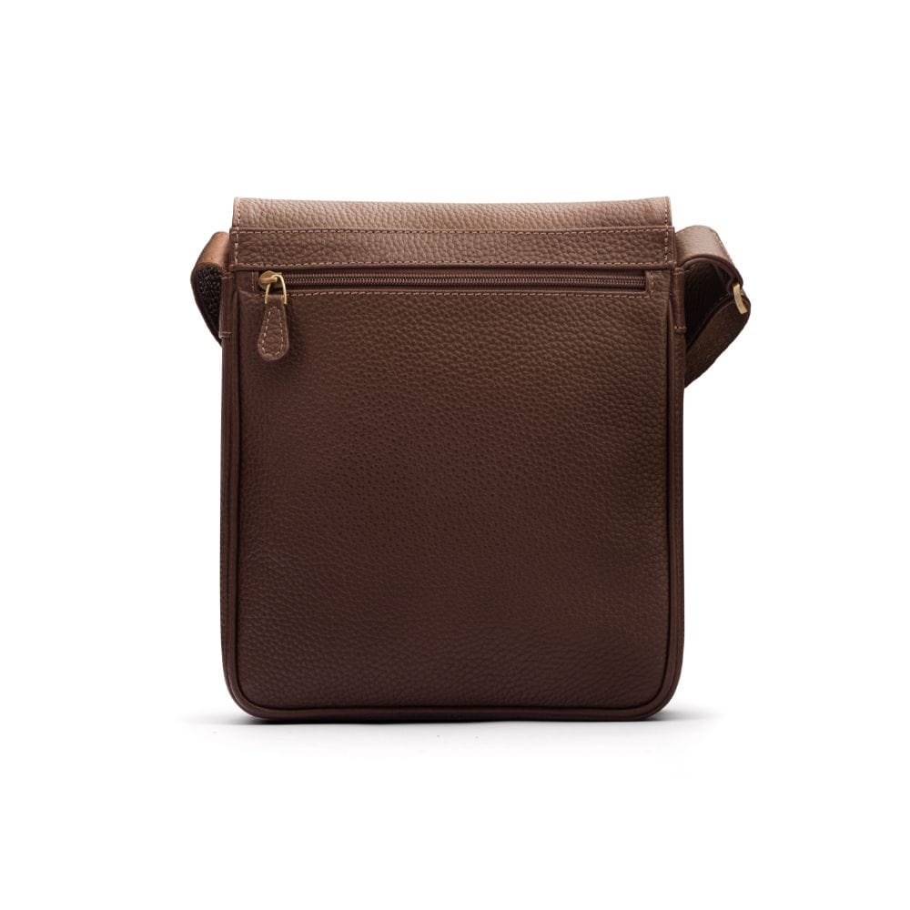 A4 portrait medium leather messenger bag, brown pebble grain, back