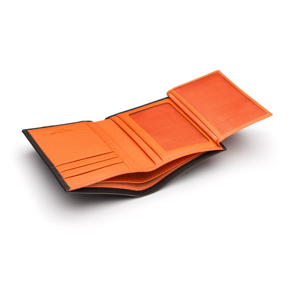 Compact leather wallet with 6 credit card slots and 2 ID windows, black with orange, open