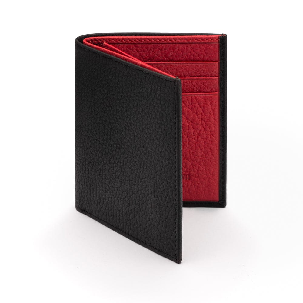 Compact leather wallet with 6 credit card slots and 2 ID windows, black with red, front