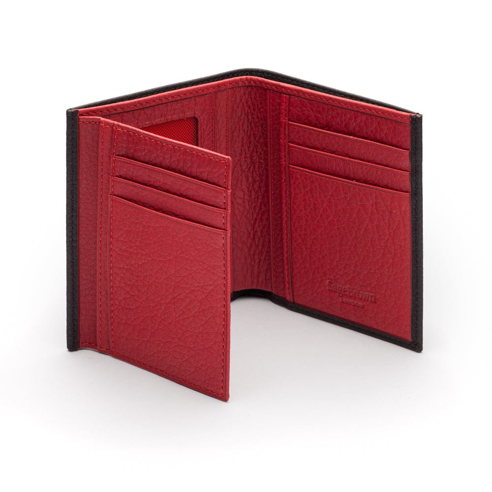 Compact leather wallet with 6 credit card slots and 2 ID windows, black with red, inside