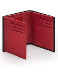 Compact leather wallet with 6 credit card slots and 2 ID windows, black with red, inside