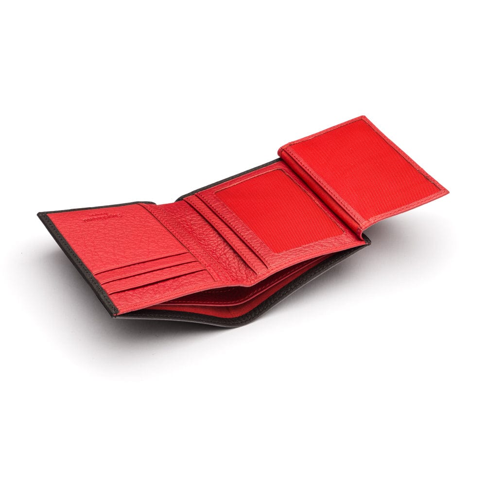Compact leather wallet with 6 credit card slots and 2 ID windows, black with red, open