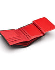 Compact leather wallet with 6 credit card slots and 2 ID windows, black with red, open