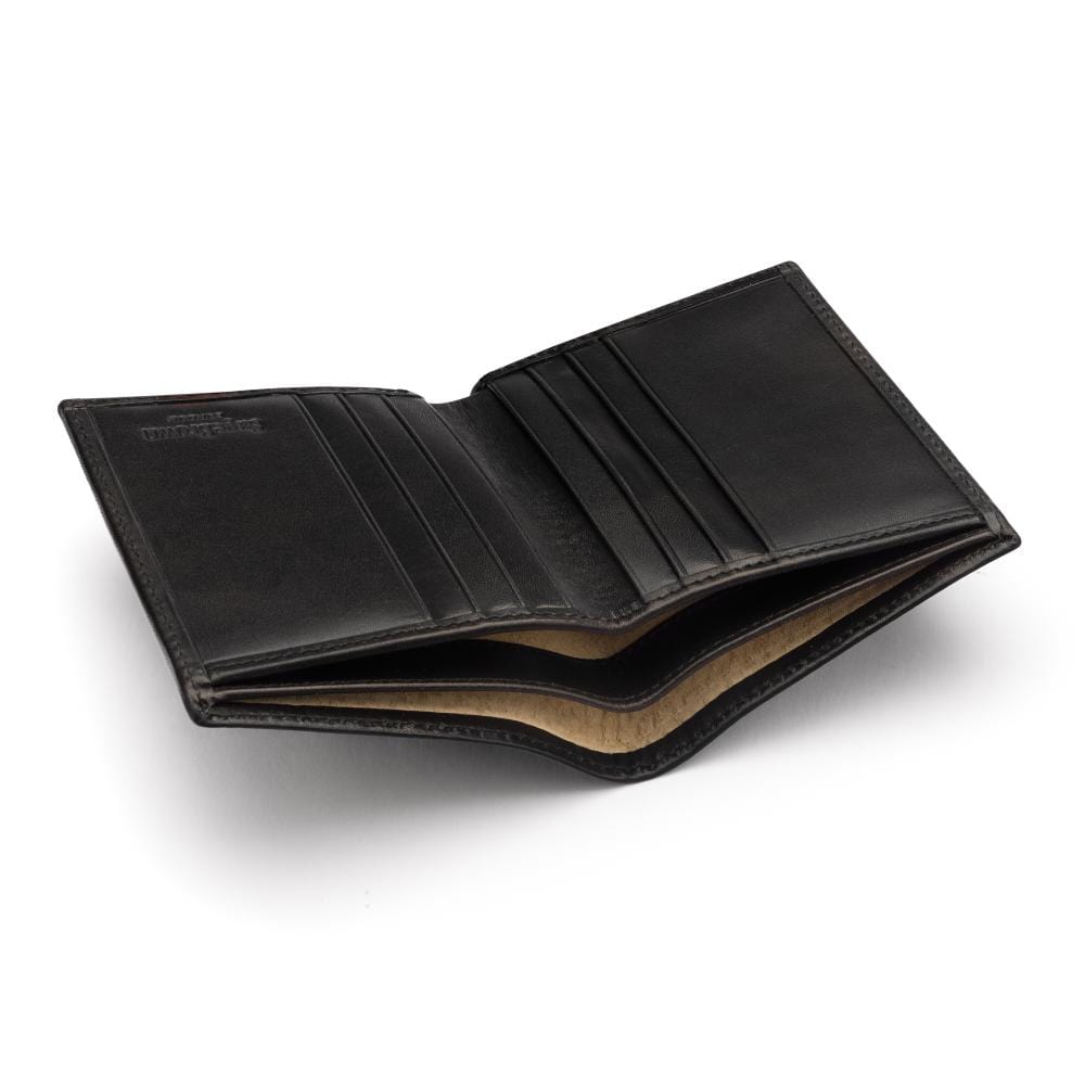 Bifold leather wallet with 6 credit cards, black, open