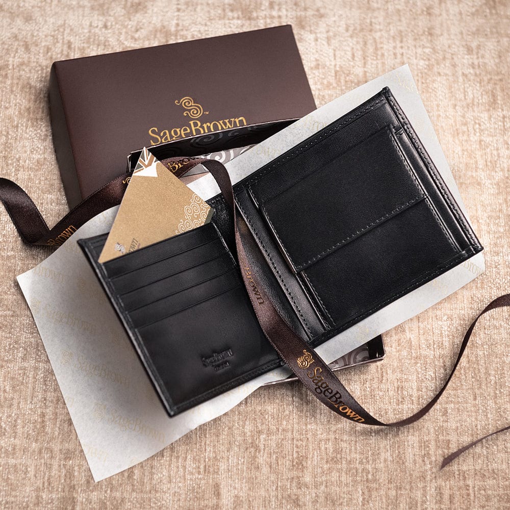 Leather wallet with coin purse, black, lifestyle