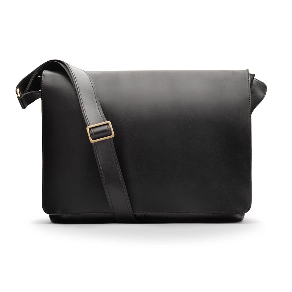 Men's large leather messenger bag, black, front view