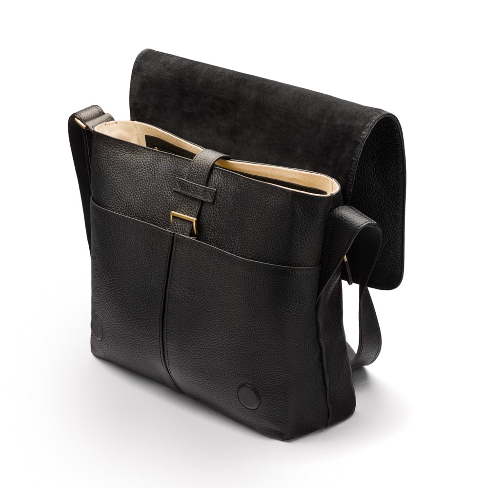 Men's large leather messenger bag, black pebble grain, open