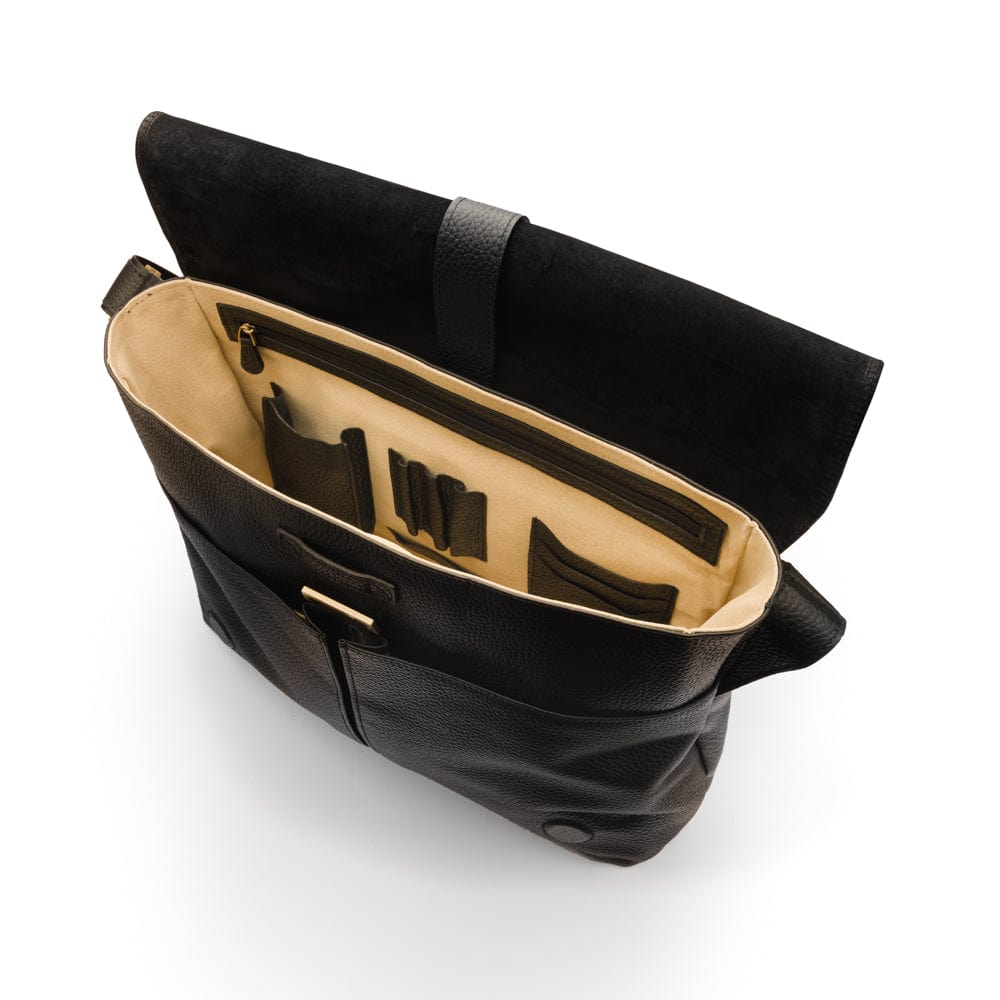 Men's large leather messenger bag, black pebble grain, inside