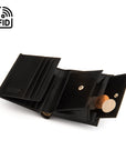 Compact RFID leather wallet with coin purse, black, open