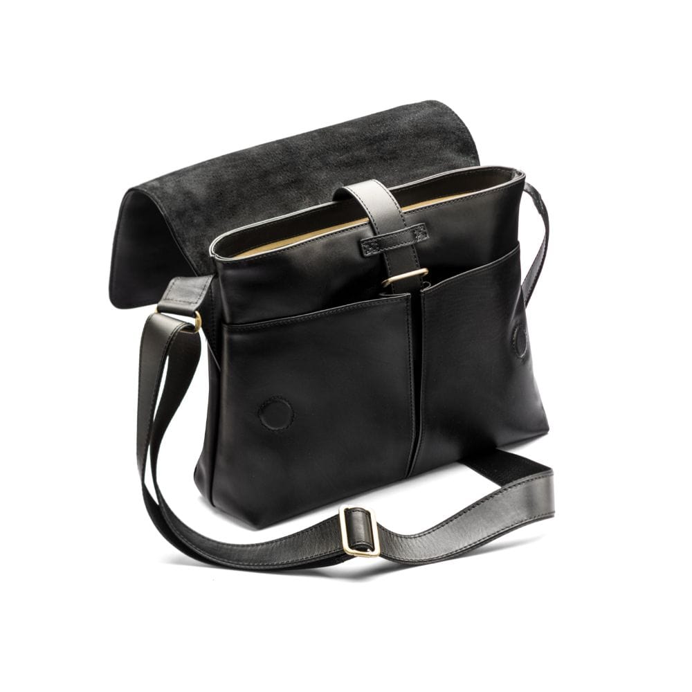 Leather messenger bag, black, open