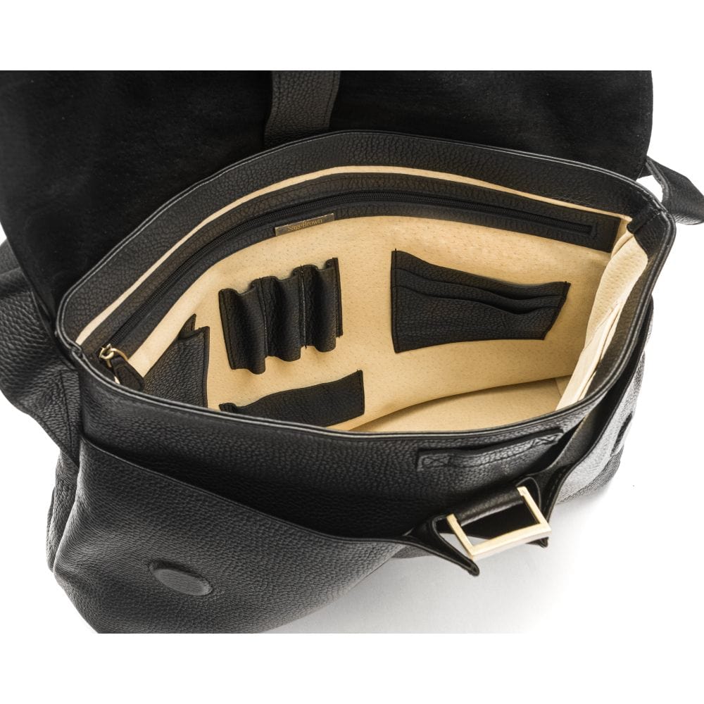Leather messenger bag, black pebble grain, inside