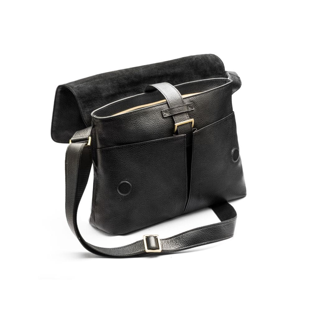 Leather messenger bag, black pebble grain, open