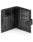 Compact leather RFID billfold wallet with tab, black croc, open view
