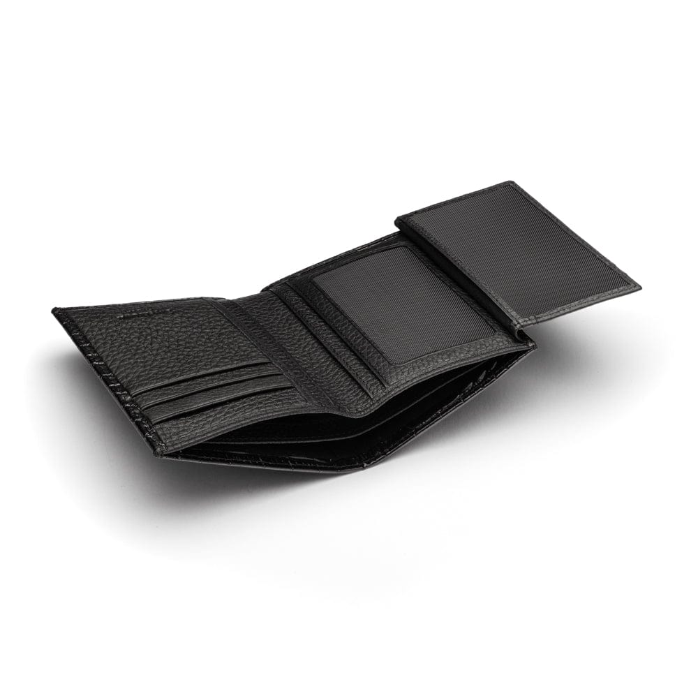 Compact leather wallet with 6 credit card slots and 2 ID windows, black croc, open