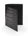 Compact leather wallet with 6 credit card slots and 2 ID windows, black croc, front