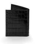 Compact leather wallet with 6 credit card slots and 2 ID windows, black croc, back