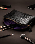 Leather cosmetic bag, black croc, lifestyle