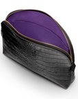Leather cosmetic bag, black croc, inside view