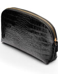 Leather cosmetic bag, black croc, front view
