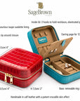 Leather travel jewellery case with zip, features and dimensions