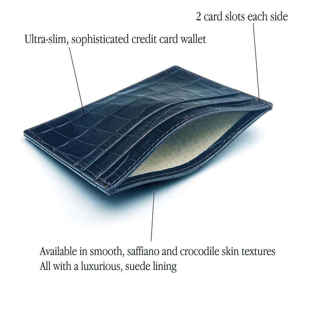 Flat leather credit card wallet 4 CC, navy croc, features