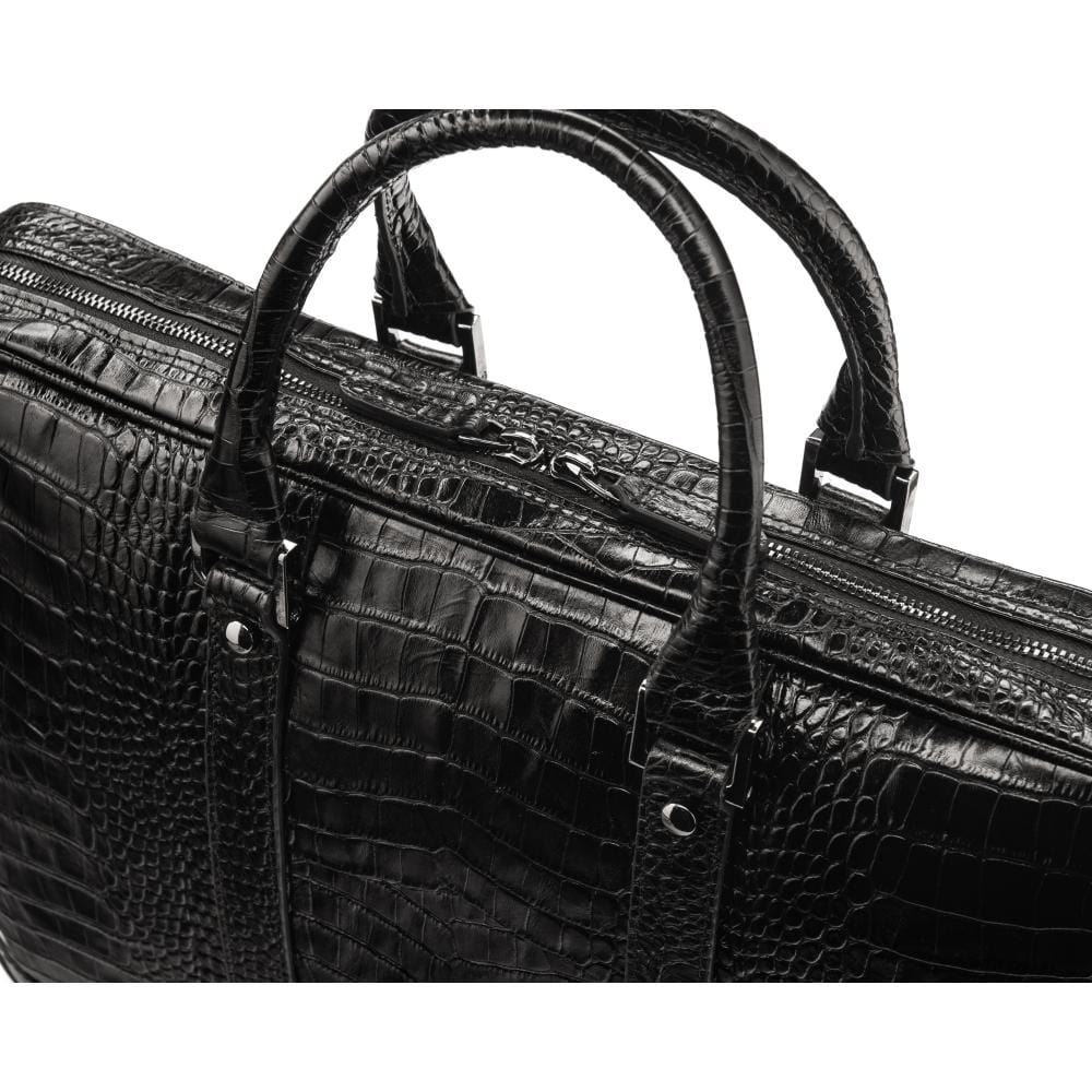 15" leather laptop bag, black croc, close up