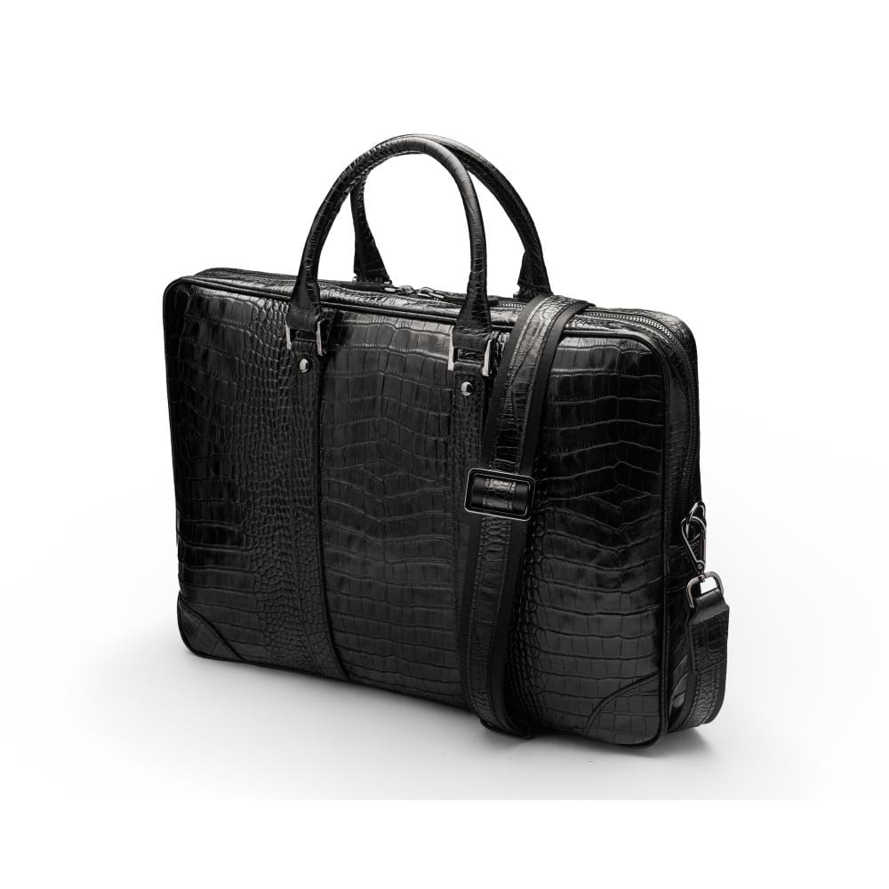 15" leather laptop bag, black croc, with shoulder strap
