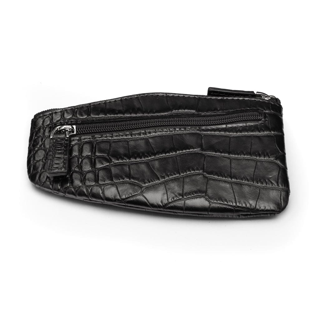 Large leather key case, black croc, front