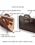 Leather document case with retractable handles, features and dimensions