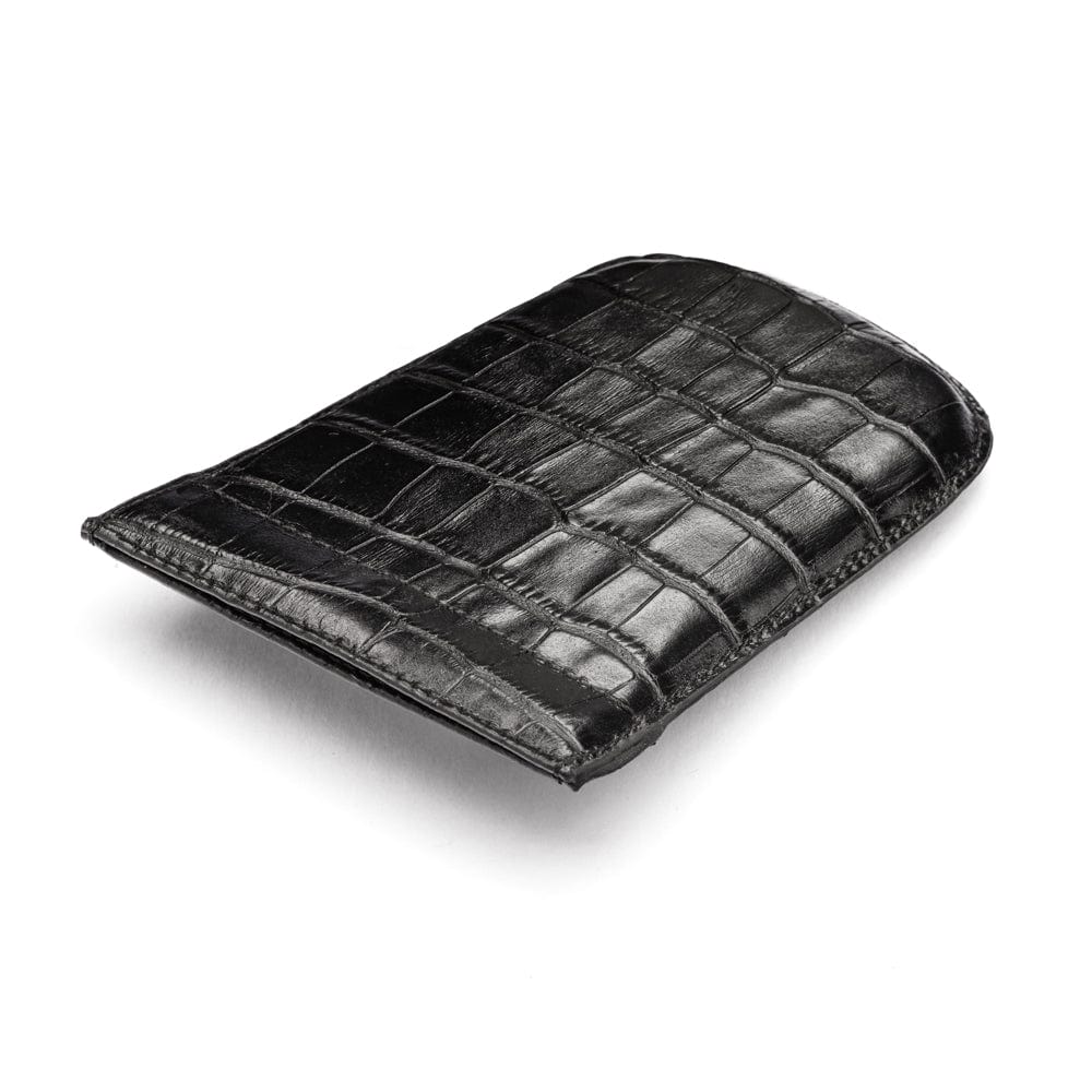 Leather key case with squeeze spring opening, black croc, closed