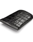 Leather key case with squeeze spring opening, black croc, closed
