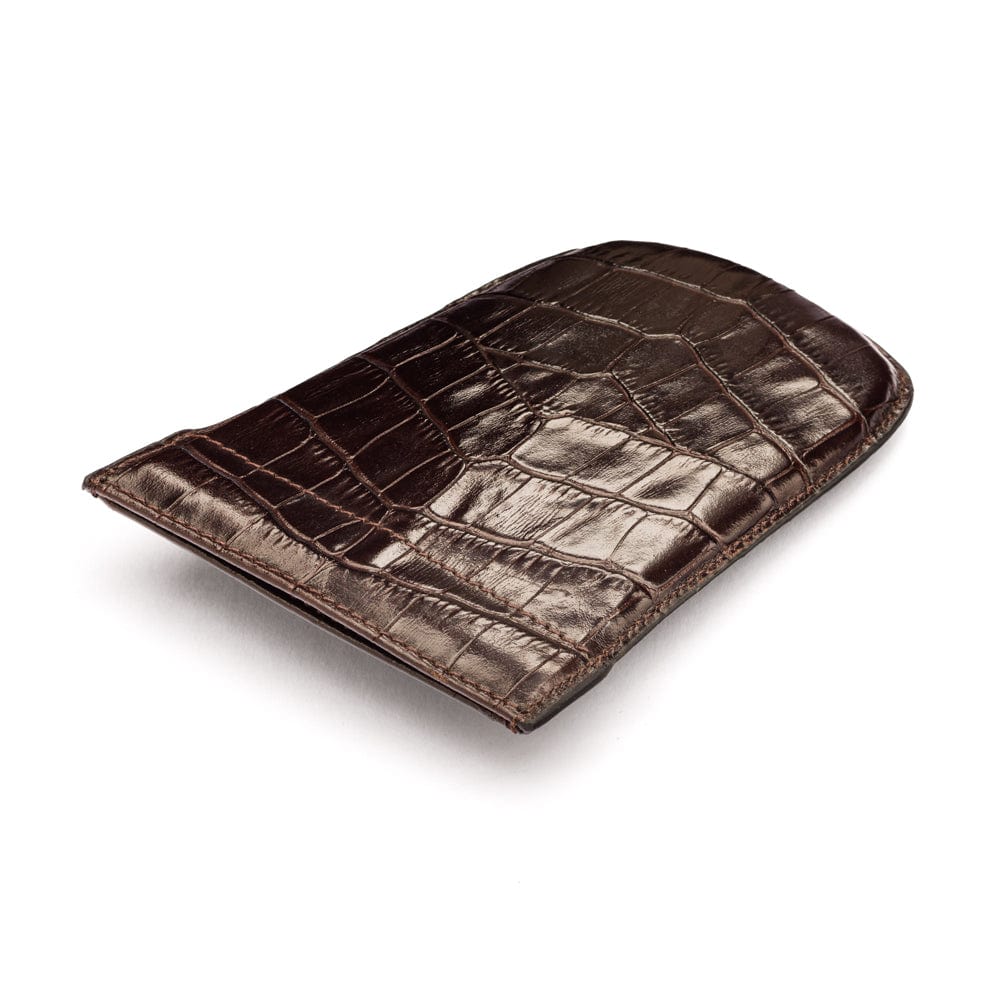 Leather key case with squeeze spring opening, brown croc, closed