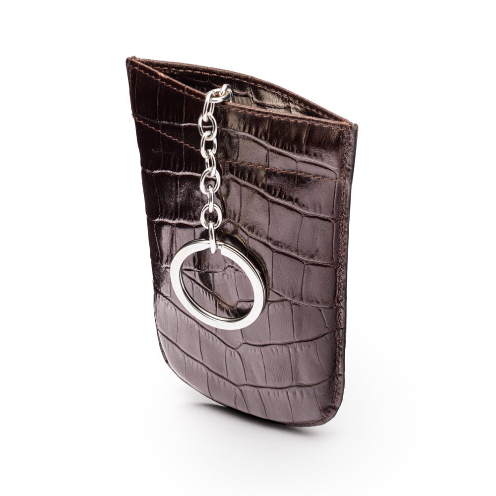 Leather key case with squeeze spring opening, brown croc, front