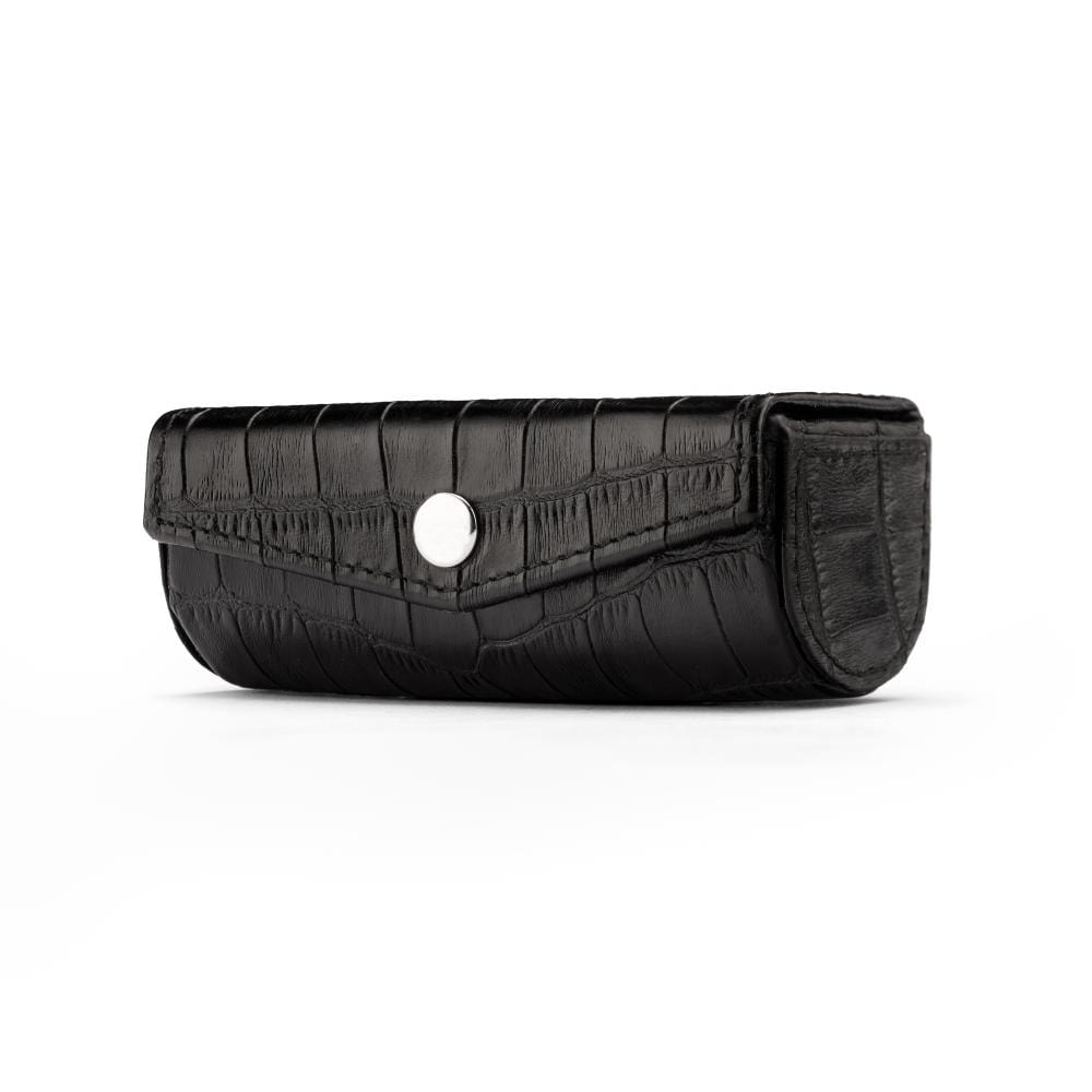 Leather lipstick case, black croc, front