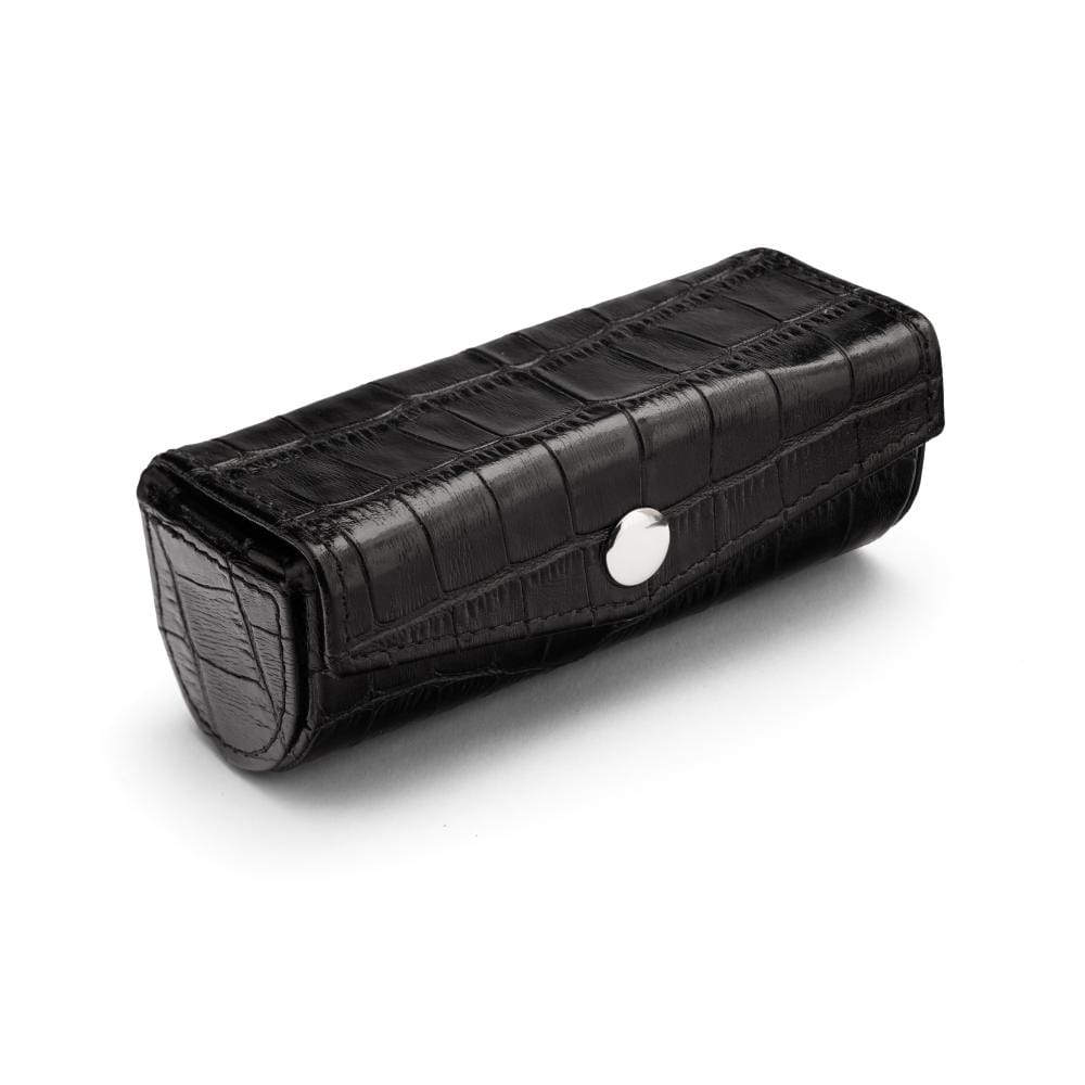 Leather lipstick case, black croc, side