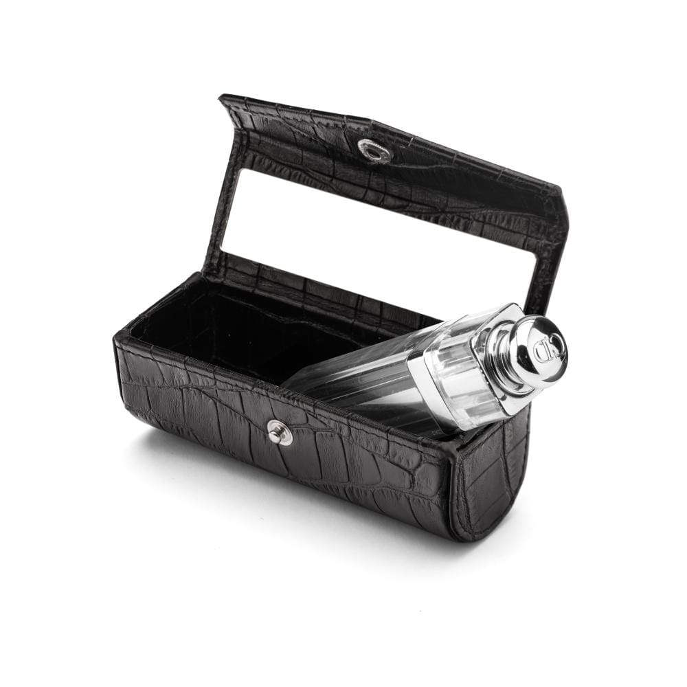 Leather lipstick case, black croc, inside view